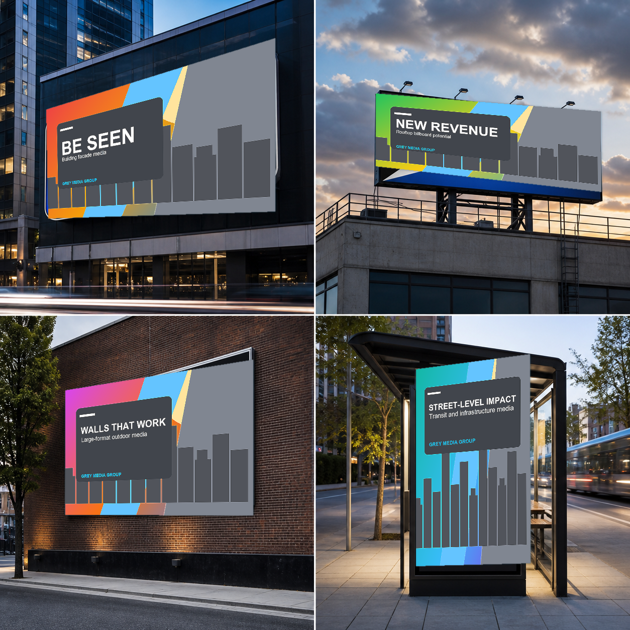 Concept image of a digital billboard mounted on a commercial building facade with the phrase BE SEEN