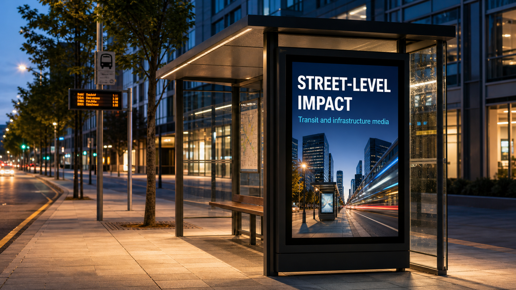Concept image of transit shelter advertising infrastructure with the phrase STREET-LEVEL IMPACT