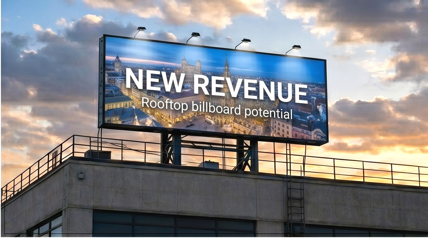 Concept image of a rooftop static billboard with the phrase NEW REVENUE